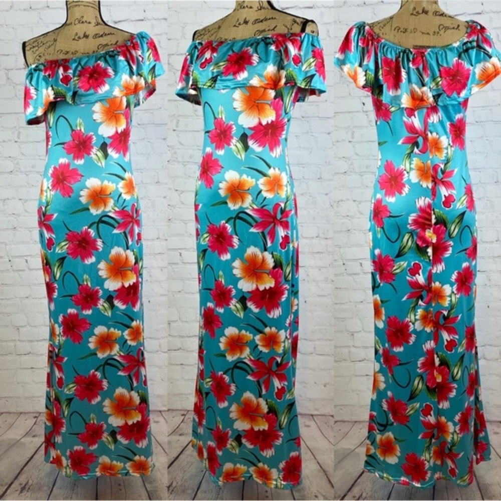 Pink Hibiscus Print Ruffled On/Off Shoulder Maxi